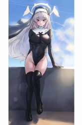 Rule 34 | 1girl, absurdres, black headwear, black leotard, black thighhighs, blue archive, blush, breasts, commentary request, floating hair, full body, grey hair, groin, habit, halo, highleg, highleg leotard, highres, justina follower (blue archive), large breasts, latex, leotard, looking at viewer, official alternate costume, outdoors, pillarboxed, sakurako (blue archive), smile, solo, thighhighs, uth 95