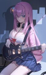 Rule 34 | 1girl, absurdres, artist name, blue eyes, blue skirt, blush, bocchi the rock!, bow, bow bra, bra, breasts, cable, cleavage, closed mouth, gotoh hitori, guitar, hair ornament, hand up, headphones, headphones around neck, highres, holding, holding instrument, instrument, jacket, jeze, long hair, long sleeves, looking at viewer, medium breasts, one side up, open clothes, open jacket, pink hair, pink jacket, shadow, sitting, skirt, smile, solo, sweat, turn pale, underwear, white background