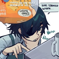 Rule 34 | apron, black hair, box, chainsaw man, chicken nuggets, collared shirt, cup, eyepatch, green apron, hand on own chin, highres, himeno (chainsaw man), liowig, looking at object, microwave, mug, pressing, shirt, short hair, simple background, sound effects, speech bubble, thought bubble, white background