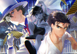 Rule 34 | 3boys, black hair, blue eyes, brown hair, card, clenched hand, edogawa conan, formal, gloves, hat, holding, holding card, jacket, kaitou kid, kyougoku makoto, looking at viewer, male focus, meitantei conan, monocle, multiple boys, necktie, playing card, red neckwear, rice (rice8p), sandals, short sleeves, shorts, smirk, suit, white gloves, white headwear