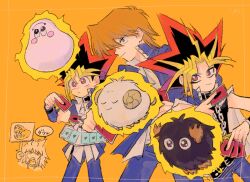 Rule 34 | 4boys, asa03sk, black hair, blonde hair, card, closed eyes, commentary request, duel disk, duel monster, floating, highres, holding, holding card, holding sign, jonouchi katsuya, kuriboh, male focus, marshmallon, multicolored hair, multiple boys, muto yugi, red eyes, red hair, scapegoat, sign, simple background, smile, spiked hair, yami bakura, yami yugi, yellow background, yu-gi-oh!, yu-gi-oh! duel monsters