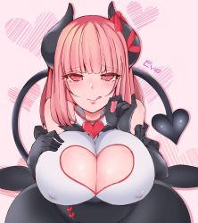 Rule 34 | 1girl, absurdres, arm garter, bad id, bad pixiv id, bare shoulders, black gloves, black skirt, blunt bangs, blush, breasts, bustier, character name, cleavage, cleavage cutout, clothing cutout, covered erect nipples, demon girl, demon horns, demon tail, elbow gloves, eve.ch, eve valerne, gloves, hand on own chest, heart, heart-shaped pupils, heart cutout, high-waist skirt, highres, horn ornament, horn ribbon, horns, indie virtual youtuber, large breasts, licking lips, long hair, looking at viewer, mish loxalliott, nose blush, ribbon, skirt, symbol-shaped pupils, tail, tongue, tongue out, virtual youtuber