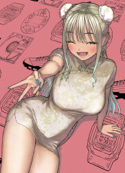 Rule 34 | 1girl, ;d, absurdres, aqua nails, blonde hair, breasts, chinese commentary, curry soba, double bun, fang, green eyes, hair bun, highres, large breasts, long hair, looking at viewer, mole, mole under eye, mole under mouth, one eye closed, open mouth, original, sitting, smile, solo, teeth, tongue, v