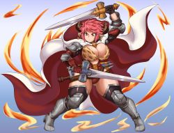 Rule 34 | 1girl, absurdres, armor, blue background, boots, breasts, cape, cleavage, closed mouth, fighting stance, fire, full body, gloves, gluteal fold, gradient background, granblue fantasy, highres, horns, kyelyn, large breasts, legs, leotard, multiple swords, orange eyes, red hair, short hair, shoulder armor, slit pupils, solo, standing, sturm (granblue fantasy), sword, thick thighs, thighs, weapon