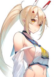 Rule 34 | 1girl, absurdres, ayanami (azur lane), azur lane, bare shoulders, blonde hair, blue sailor collar, blush, breasts, commentary request, detached sleeves, hair between eyes, hair ornament, hairclip, headgear, high ponytail, highres, long hair, long sleeves, looking at viewer, medium breasts, navel, neckerchief, orange eyes, ponytail, red neckerchief, retrofit (azur lane), sailor collar, shirt, sideboob, sidelocks, simple background, solo, very long hair, white background, white shirt, wide sleeves, yamanokami eaka, yellow neckerchief