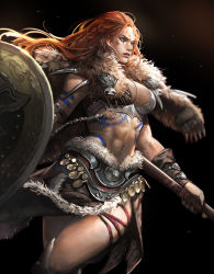 Rule 34 | 1girl, abs, arm tattoo, barbarian, bear paws, blood, blood on face, bodypaint, bracer, braid, breasts, brown fur, cleavage, holding, holding weapon, large breasts, long hair, navel, original, red hair, shield, skirt, solo, tattoo, thighs, toned, warrior, weapon, white fur, yeonjun park
