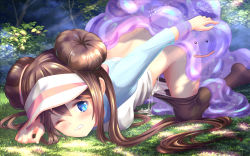 Rule 34 | 1girl, blue eyes, blush, breasts, brown hair, bush, clenched teeth, clothes pull, commentary request, creatures (company), day, ditto, double bun, eyelashes, game freak, gen 1 pokemon, grass, h (sfkf5588), hair bun, highres, light rays, long hair, nintendo, one eye closed, outdoors, pantyhose, pantyhose pull, pokemon, pokemon (creature), pokemon bw2, pokephilia, raglan sleeves, rape, rosa (pokemon), shirt, teeth, top-down bottom-up, twintails, visor cap