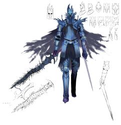 Rule 34 | absurdres, armor, bad id, bad twitter id, blue armor, branch, breastplate, cape, character sheet, dark souls (series), dark souls i, dual wielding, full armor, gauntlets, greaves, helmet, highres, holding, holding sword, holding weapon, multiple views, original, pauldrons, shibafu no atama, shoulder armor, simple background, sketch, sword, torn cape, torn clothes, vambraces, weapon, white background