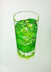 Rule 34 | bubble, colored pencil (medium), cup, drink, food, food focus, ice, ice cube, manmosu-0607, melon soda, no humans, original, realistic, reflection, simple background, still life, traditional media, white background