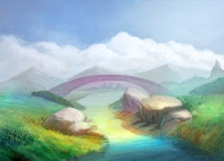 Rule 34 | bridge, cloud, day, grass, landscape, mountain, nature, no humans, original, puyoakira, rainbow, river, scenery, sky