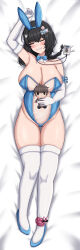 Rule 34 | 1girl, animal ears, arm up, black hair, blue bow, blue bowtie, blue leotard, blush, bowtie, breasts, character doll, closed eyes, commander (nikke), detached collar, fake animal ears, goddess of victory: nikke, grin, holding, id card, large breasts, leotard, long hair, lying, mary (medical rabbit) (nikke), mary (nikke), navel, official alternate costume, on back, playboy bunny, pregnant, rabbit ears, rabbitttt, see-through, see-through leotard, smile, solo, strapless, strapless leotard, thigh gap, thighhighs, white thighhighs