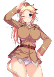 Rule 34 | 1girl, aida takanobu, animal ears, belt, blonde hair, blue eyes, blue panties, blush, breasts, cat ears, cat tail, hand on own hip, hat, hip focus, katharine ohare, large breasts, long hair, lowleg, lowleg panties, military, military uniform, no pants, one eye closed, panties, salute, simple background, smile, solo, strike witches, tail, thighs, underwear, uniform, wink, world witches series