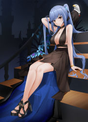 Rule 34 | 1girl, arm behind back, arm up, azur lane, bangle, bare arms, bare shoulders, bird, black dress, black footwear, black ribbon, blue hair, blush, bracelet, breasts, brown eyes, cleavage, closed mouth, crossed ankles, dress, essex (azur lane), essex (craft fairytail) (azur lane), evening gown, full body, hair ribbon, halter dress, halterneck, high heels, highres, jewelry, large breasts, legs, long hair, looking at viewer, midriff, necklace, official alternate costume, ponytail, qing wu, ribbon, sitting, sitting on stairs, smile, solo, stairs, thigh strap, thighs, toes