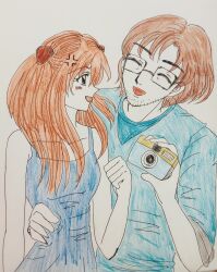 Rule 34 | 1boy, 1girl, absurdres, aida kensuke, annoyed, beard, blue eyes, blush, brown hair, camera, closed eyes, dress, evangelion: 3.0+1.0 thrice upon a time, face-to-face, facial hair, glasses, grin, hair between eyes, hair ornament, hairclip, highres, hug, long hair, looking at another, neon genesis evangelion, open mouth, rebuild of evangelion, smile, souryuu asuka langley, standing