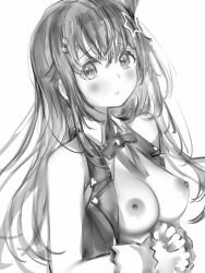 Rule 34 | 1girl, bad id, bad pixiv id, blush, breasts, greyscale, hair flaps, highres, hololive, interlocked fingers, long hair, looking at viewer, medium breasts, monochrome, nanashi (nlo), neck ribbon, nipples, own hands clasped, own hands together, parted lips, perky breasts, ribbon, simple background, solo, tokino sora, tokino sora (1st costume), upper body, virtual youtuber, white background
