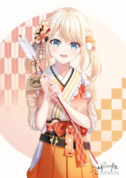 Rule 34 | 1girl, arrow (projectile), artist name, belt, black belt, blonde hair, blush, bow, breasts, commentary request, green eyes, hair ornament, highres, holding, hololive, japanese clothes, kazama iroha, kimono, looking at viewer, new year, open mouth, orange bow, sarashi, signature, skyrail, smile, solo, twintails, virtual youtuber