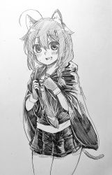 Rule 34 | 1girl, ahoge, animal ears, bare legs, blush, braid, braided ponytail, cape, cat ears, cat tail, commentary request, fingerless gloves, gloves, gouta (nagishiro6624), greyscale, hair between eyes, hair flaps, highres, holding, holding cape, holding clothes, kantai collection, looking at viewer, monochrome, open mouth, shigure (kancolle), shigure kai ni (kancolle), sidelocks, single braid, skirt, smile, solo, swept bangs, tail