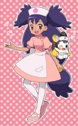 Rule 34 | 1girl, :d, apron, brown eyes, commentary request, cosplay, creatures (company), dress, emolga, eyelashes, game freak, gen 5 pokemon, hat, heart, iris (pokemon), joy (pokemon), joy (pokemon) (cosplay), long hair, nintendo, nurse, nurse cap, okaohito1, open mouth, outline, pantyhose, pink dress, pink footwear, pokemon, pokemon (anime), pokemon bw (anime), polka dot, polka dot background, purple hair, shoes, smile, teeth, tongue, waist apron, white pantyhose