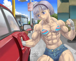 Rule 34 | 1girl, abs, bad id, bad pixiv id, bandaged hand, bare shoulders, bikini, bikini top only, blue eyes, blush, bra, building, car, clenched hands, cloud, collarbone, cowboy shot, crack, damaged, day, female focus, gas pump, gas station, hairband, lights, maro (m-k4), micro shorts, motor vehicle, muscular, muscular female, navel, original, outdoors, punching, purple eyes, reflection, short hair, short shorts, shorts, silver hair, sky, solo, street fighter, street fighter iv (series), striped bikini, striped clothes, swimsuit, thighs, underwear, vehicle