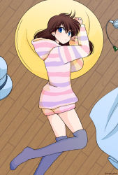 Rule 34 | 1girl, artist name, blanket, blue eyes, blue socks, blue thighhighs, brown hair, closed mouth, dot mouth, dot nose, floor, fluffy, foot out of frame, from above, full body, hood, hood down, hoodie, long hair, looking at viewer, looking up, lying, m (abcd), meitantei conan, mouri ran, multicolored clothes, multicolored hoodie, multicolored shorts, on side, print hoodie, print shorts, rug, shorts, socks, solo, striped clothes, striped hoodie, striped shorts, thighhighs, thighs, wooden floor
