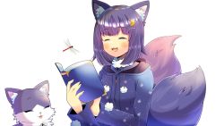 Rule 34 | 1girl, animal ears, book, bug, commission, crescent, crescent hair ornament, crescent moon, dragonfly, closed eyes, fox, fox ears, fox girl, fox tail, hair ornament, insect, kathykatz, kou hiyoyo, looking at viewer, moon, multiple tails, purple hair, skeb commission, sky, solo, tail, virsing, virtual youtuber, white background