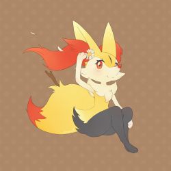 Rule 34 | 1girl, animal ear fluff, animal ears, animal hands, animal nose, arm up, artist name, blush, blushpumpkin, braixen, brown background, creatures (company), feet, female focus, flower, fox ears, fox tail, full body, furry, furry female, game freak, gen 6 pokemon, hair flower, hair ornament, highres, knees up, nintendo, pokemon, pokemon (creature), red eyes, signature, simple background, sitting, smile, snout, solo, stick, tail, white flower