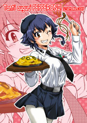 Rule 34 | 1girl, ;), anzio school uniform, belt, beret, black belt, black hair, black hat, black necktie, black skirt, braid, brown eyes, character name, commentary, cowboy shot, dated, dress shirt, emblem, food, fork, girls und panzer, grin, halftone, happy birthday, hat, holding, holding fork, holding tray, italian text, long sleeves, looking at viewer, miniskirt, necktie, one eye closed, oosaka kanagawa, pantyhose, pasta, pepperoni (girls und panzer), pleated skirt, school uniform, sharp teeth, shirt, short hair, side braid, skirt, smile, solo, spaghetti, standing, teeth, translation request, tray, white shirt, zoom layer