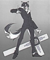 Rule 34 | 1boy, absurdres, animal ears, black hair, black jacket, cigarette, collared shirt, cross punisher, dog boy, dog ears, dog tail, furry, furry male, grey theme, highres, holding, jacket, long sleeves, male focus, nicholas d. wolfwood, okiii, open mouth, shirt, short hair, simple background, solo, sunglasses, tail, trigun, tsurime