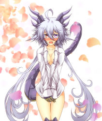 Rule 34 | 1girl, ahoge, blush, breasts, breasts apart, claws, colored eyelashes, cowboy shot, dragon girl, dragon horns, dragon tail, fang, g (genesis1556), heart, heterochromia, highres, horns, light purple hair, long hair, looking at viewer, monster girl, naked shirt, open mouth, original, own hands together, purple eyes, rara (g (genesis1556)), red eyes, shirt, solo, tail, very long hair