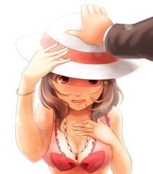 Rule 34 | 10s, 1girl, bikini, blurry, bokeh, brown hair, depth of field, hand on own chest, hand on own head, hat, head pat, headpat, holding, holding clothes, holding hat, idolmaster, idolmaster cinderella girls, jewelry, looking at viewer, lvetica, nagatomi hasumi, necklace, open mouth, pink bikini, red eyes, solo, solo focus, sun hat, swimsuit, upper body, white background