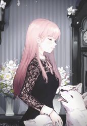 Rule 34 | 1girl, black shirt, character request, clock, closed mouth, commentary, copyright request, earrings, english commentary, flower, flower pot, from side, hair ornament, hairclip, highres, jewelry, k (sktchblg), lace sleeves, lips, long hair, long sleeves, neck ribbon, headpat, pink hair, pink ribbon, profile, ribbon, shirt, solo, standing, white dog, white flower