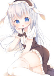 Rule 34 | 1girl, :o, animal ears, black hairband, black skirt, blouse, blue eyes, center frills, collared shirt, commentary request, fake animal ears, fleur de lapin uniform, floppy ears, frilled hairband, frilled shirt, frilled skirt, frills, gochuumon wa usagi desu ka?, hair ornament, hairband, hand up, highres, kafuu chino, long hair, looking at viewer, open mouth, puffy short sleeves, puffy sleeves, rabbit ears, rin (fuwarin), shadow, shirt, short sleeves, silver hair, skirt, solo, teeth, thighhighs, thighs, uniform, upper teeth only, very long hair, waitress, white background, white shirt, white thighhighs, wrist cuffs, x hair ornament