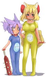 Rule 34 | 2girls, :3, animal ears, bell, blonde hair, blue choker, blue eyes, blush, bodysuit, borrowed character, bow, choker, closed mouth, club, club (weapon), cosplay, dog child (doitsuken), dog ears, dog tail, doitsuken, doraemon, doraemon (character), doraemon (character) (cosplay), dorami, dorami (cosplay), hair bow, hand on hilt, hand on own hip, highres, holding, holding weapon, jingle bell, looking at viewer, multiple girls, neck bell, original, pome-chan (ouka-san), purple hair, red bow, red eyes, sanpaku, short hair, simple background, slit pupils, smile, spiked club, standing, tail, weapon, white background, yellow bodysuit