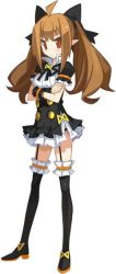 Rule 34 | 1girl, attouteki yuugi mugen souls, black thighhighs, boots, bow, brown eyes, brown hair, chou chou, chou chou tsundere, crossed arms, expressionless, full body, hair bow, harada takehito, long hair, nanameda kei, official art, pointy ears, skirt, solo, thigh boots, thigh strap, thighhighs, twintails, white background, wrist cuffs