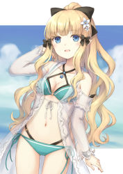 Rule 34 | 104, 1girl, aqua bikini, bikini, black bikini, black bow, blonde hair, blue eyes, blue sky, blunt bangs, bow, bracelet, breasts, cleavage, clothing cutout, cloud, cloudy sky, commentary, cowboy shot, criss-cross halter, day, elf, flower, hair bow, hair flower, hair ornament, halterneck, hand in own hair, highres, jewelry, layered bikini, long hair, long sleeves, looking at viewer, navel, o-ring, o-ring bikini, open mouth, outside border, pointy ears, princess connect!, saren (princess connect!), saren (summer) (princess connect!), see-through, shoulder cutout, side-tie bikini bottom, sky, small breasts, smile, solo, standing, swimsuit, swimsuit cover-up, wristband