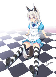 Rule 34 | 1girl, animal ears, artist name, brown hair, checkered floor, colored eyelashes, eila ilmatar juutilainen, fox ears, highres, imu sanjo, long hair, looking at viewer, panties, purple eyes, solo, strike witches, striped clothes, striped thighhighs, tail, thighhighs, underwear, white panties, world witches series