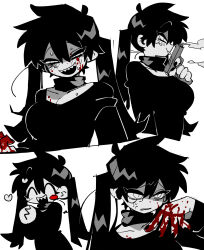 Rule 34 | 1girl, anger vein, black hair, black sweater, blood, blood on face, blood on hands, blush, breasts, closed eyes, dark konoha, genderswap, genderswap (mtf), gun, half-closed eyes, highres, holding, holding gun, holding weapon, kagerou project, konoha (kagerou project), large breasts, long hair, long sleeves, looking at viewer, multiple views, open mouth, shaded face, sharp teeth, simple background, smile, smoke, smoking barrel, sweater, teeth, tongue, tongue out, tonkatsu184, twintails, weapon, white background