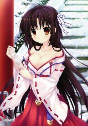 Rule 34 | 1girl, absurdres, alia&#039;s carnival!, bare shoulders, black hair, blush, breasts, brown eyes, cleavage, collarbone, detached sleeves, highres, japanese clothes, kimono, large breasts, long hair, long sleeves, looking at viewer, miko, mitha, off shoulder, ofuda, omikuji, ribbon-trimmed sleeves, ribbon trim, saijo karin, solo, stairs, torii, wide sleeves, winter