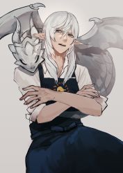 Rule 34 | 1boy, animal, animal on shoulder, apron, black apron, commentary request, crossed arms, dragon, edamamebig, elezen, elf, estinien varlineau, final fantasy, final fantasy xiv, frown, grey background, grey eyes, highres, long hair, looking at viewer, male focus, parted lips, pointy ears, shirt, simple background, sleeves rolled up, solo, upper body, white hair, white shirt