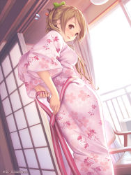 Rule 34 | 1girl, ass, blush, bow, breasts, brown eyes, brown hair, chair, cherry blossoms, female focus, floral print, flying sweatdrops, hair bow, hair ornament, japanese clothes, kimono, light rays, long hair, long sleeves, looking at viewer, mana kakkowarai, obi, open door, open mouth, original, pink kimono, sash, solo, standing, sunbeam, sunlight, traditional clothes, tying, very long hair, wide sleeves, yukata