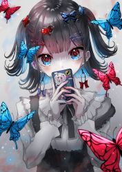 Rule 34 | 1girl, absurdres, animal, black dress, black hair, blue eyes, blue hair, bug, butterfly, cellphone, covered mouth, dress, emoji, grey background, hair ornament, hairclip, hands up, heart, heart hair ornament, highres, holding, holding phone, insect, kayon (touzoku), long sleeves, looking at viewer, multicolored hair, original, phone, pleading face emoji, puffy long sleeves, puffy sleeves, red eyes, safety pin, shirt, solo, strap slip, two-tone hair, two side up, upper body, white shirt