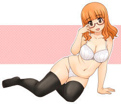 Rule 34 | 1girl, arm support, black thighhighs, blush, bra, breasts, brown eyes, cleavage, collarbone, girls und panzer, glasses, large breasts, long hair, looking at viewer, lying, navel, on side, open mouth, orange hair, panties, simple background, skindentation, smile, solo, takebe saori, thighhighs, underwear, underwear only, uona telepin, white bra, white panties