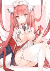 Rule 34 | 1girl, absurdres, azur lane, breasts, center opening, gloves, hair ornament, half gloves, hat, highres, id card, large breasts, long hair, looking at viewer, nurse, nurse cap, perseus (azur lane), perseus (unfamiliar duties) (azur lane), pink eyes, pink gloves, pink hair, solo, thighhighs, thighs, twintails, very long hair, white hat, white thighhighs, yukineko1018