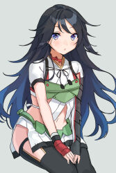 Rule 34 | 1girl, black hair, black thighhighs, blue eyes, commentary request, dress, gauntlets, grey background, invisible chair, kantai collection, katsuragi (kancolle), long hair, mitsuyo (mituyo324), muneate, navel, pleated dress, simple background, sitting, skirt, solo, thighhighs, white skirt