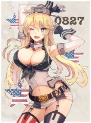 Rule 34 | 1girl, ahoge, arm over head, armpit peek, asymmetrical legwear, bare shoulders, belt, blonde hair, blue eyes, breasts, brown belt, cleavage, collarbone, cowboy shot, dated, elbow gloves, garter straps, gloves, hair between eyes, headgear, iowa (kancolle), kantai collection, kasumi (skchkko), large breasts, long hair, looking at viewer, mismatched legwear, navel, one eye closed, open mouth, shirt, sidelocks, solo, star-shaped pupils, star (symbol), symbol-shaped pupils, thighhighs, thighs, tied shirt, two-tone gloves, two-tone skirt, upper body