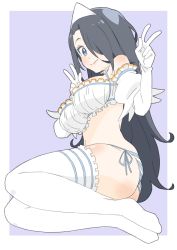 Rule 34 | 1girl, absurdres, bad id, bad twitter id, bikini, black hair, blue bikini, border, breasts, closed mouth, donguri suzume, elbow gloves, from side, ghost girl (donguri suzume), gloves, hair over one eye, hands up, highres, large breasts, long hair, looking at viewer, looking to the side, one eye covered, original, purple background, side-tie bikini bottom, simple background, smile, solo, striped bikini, striped clothes, swimsuit, thighhighs, triangular headpiece, v, white border, white gloves, white thighhighs