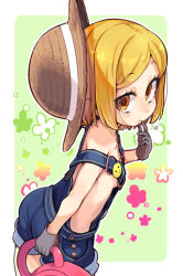 Rule 34 | 1girl, ass, blonde hair, blush, breasts, brown eyes, fate/grand order, fate (series), gloves, hat, looking at viewer, naked overalls, overalls, paul bunyan (fate), paul bunyan (third ascension) (fate), salamander (hop-step), short hair, small breasts, solo, straw hat, watering can
