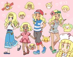 Rule 34 | 4boys, 4girls, ?, ash ketchum, baggy pants, baseball cap, blonde hair, blue eyes, blue pants, braid, brother and sister, capri pants, creatures (company), dark-skinned male, dark skin, dress, flower, game freak, gen 1 pokemon, gen 4 pokemon, gen 7 pokemon, green eyes, hair flower, hair ornament, hairband, hat, jewelry, kiawe (pokemon), kukui (pokemon), lana (pokemon), lillie (pokemon), long hair, mallow (pokemon), mimo (pokemon), multiple boys, multiple girls, necklace, nintendo, okonomi, one eye closed, open mouth, overalls, pants, pikachu, pink dress, pokedex, pokemon, pokemon (anime), pokemon (creature), pokemon sm (anime), red hat, rockruff, rotom, rotom dex, sandals, shirt, short hair, short sleeves, siblings, sleeveless, sleeveless shirt, smile, sophocles (pokemon), steenee, striped clothes, striped shirt, sun hat, sunglasses, swimsuit, swimsuit under clothes, togedemaru, trial captain, twin braids, white hat, wig, z-ring