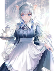 Rule 34 | 1girl, animal ear fluff, animal ears, apron, ascot, black ascot, black dress, blue eyes, blue ribbon, blush, breasts, center frills, closed mouth, cowboy shot, cup, dress, frilled dress, frills, hair ribbon, highres, holding, holding tray, juliet sleeves, long hair, long sleeves, looking at viewer, low twintails, maica sunahara, maid headdress, medium breasts, original, puffy sleeves, ribbon, silver hair, skirt hold, smile, solo, tail, teacup, teapot, tray, twintails, underbust, very long hair, waist apron, white apron