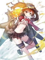 Rule 34 | 10s, 1girl, alternate costume, blush, brown eyes, brown hair, energy, flat chest, gloves, kantai collection, long hair, looking at viewer, mecha musume, navel, ryuujou (kancolle), skirt, solo, standing, standing on one leg, sumisu (mondo), thigh strap, twintails, twitter username, visor cap, wavy mouth, white gloves